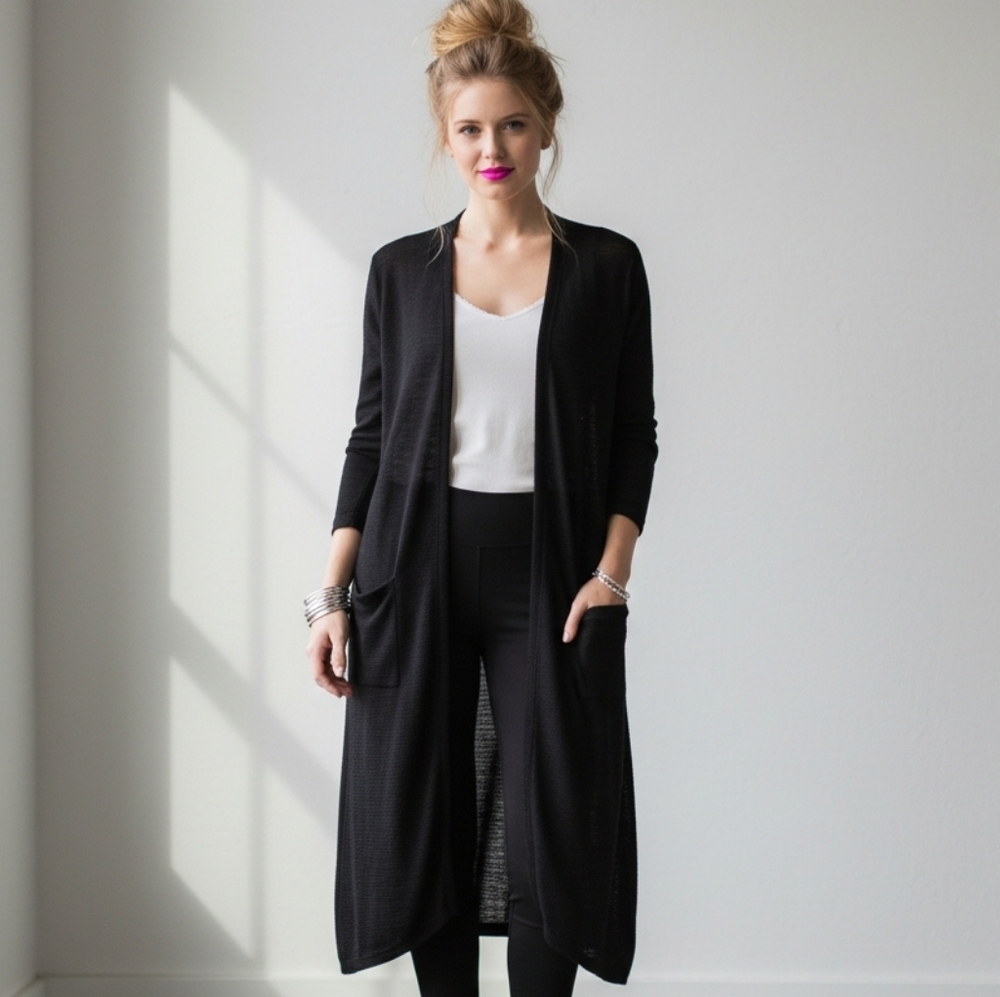 LuLaRoe Sarah Black Gauze Open Front Longline Duster with Pockets